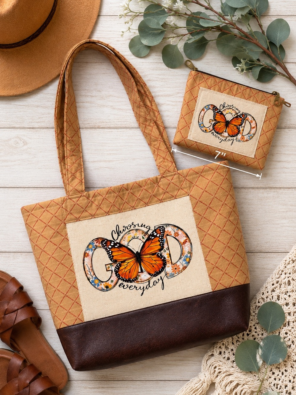 Handmade Choosing God Everyday Butterfly Tote Bag & Matching Zipper Pouch